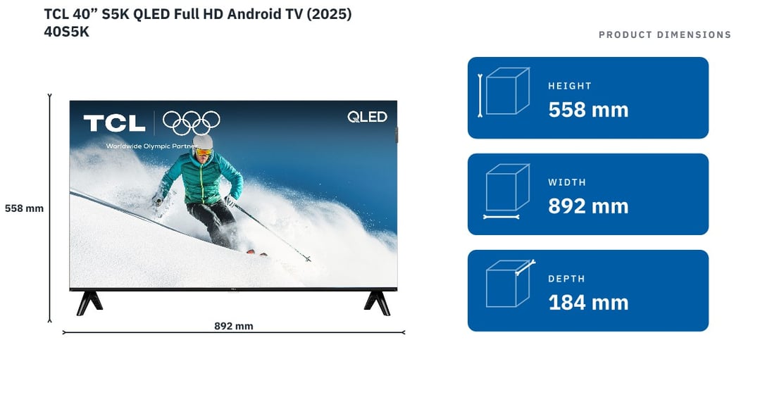 TCL 40” S5K QLED Full HD Android TV (2025) 40S5K — product dimensions