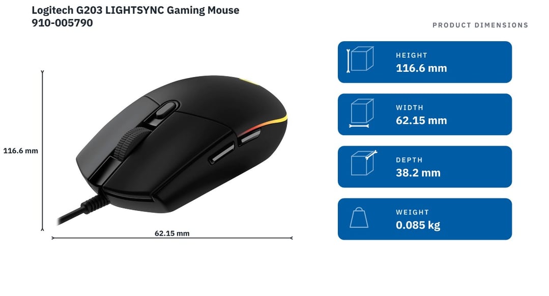 Logitech G203 LIGHTSYNC Gaming Mouse 910-005790 — product dimensions