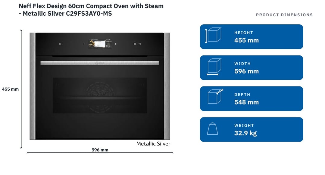 Neff Flex Design 60cm Compact Oven with Steam - Metallic Silver C29FS3AY0-MS — product dimensions