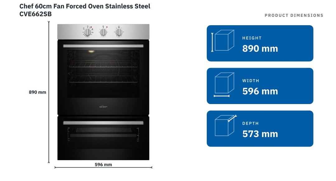 Chef 60cm Fan Forced Oven Stainless Steel CVE662SB — product dimensions