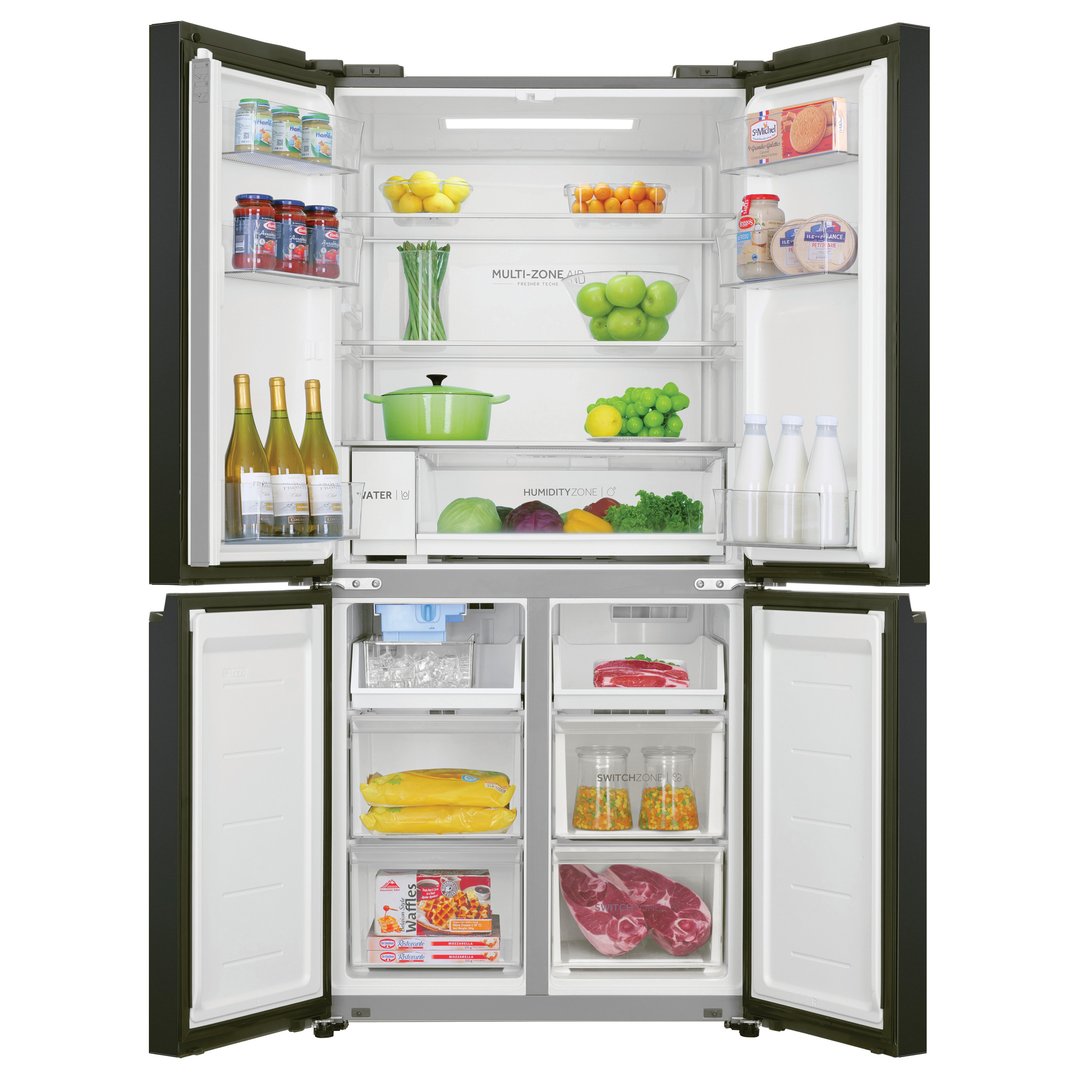 Open Haier Quad Door Refrigerator Freezer filled with food and drinks
