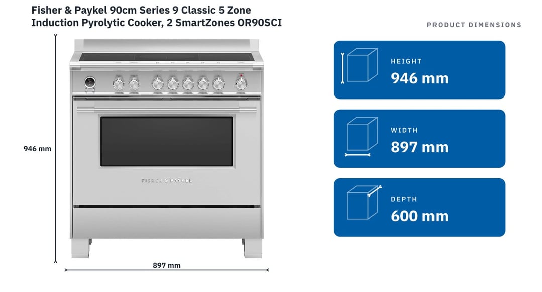 Fisher & Paykel 90cm Series 9 Classic 5 Zone Induction Pyrolytic Cooker, 2 SmartZones OR90SCI6X1 — product dimensions