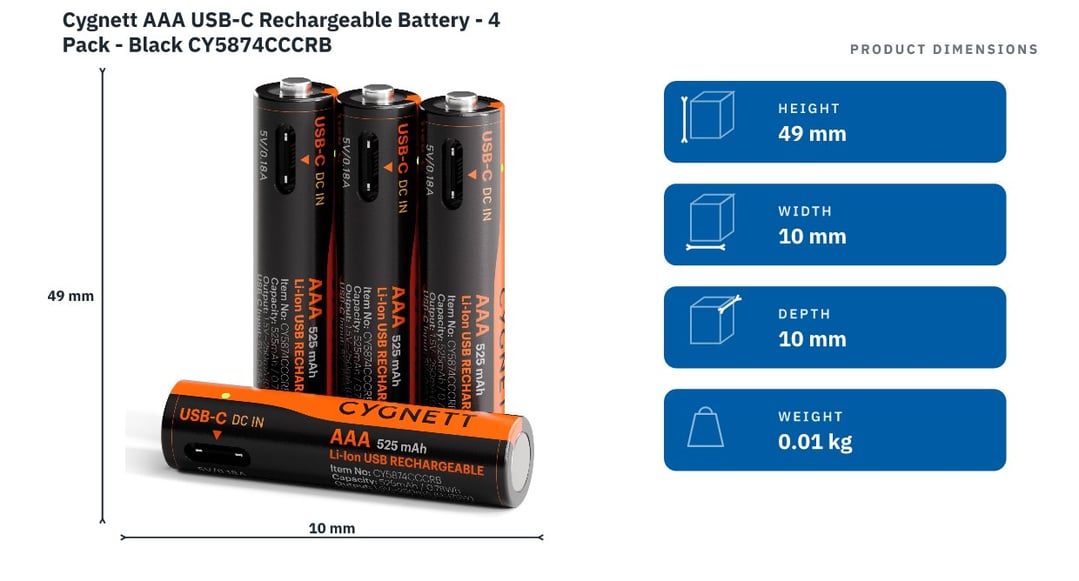 Cygnett AAA USB-C Rechargeable Battery - 4 Pack - Black CY5874CCCRB — product dimensions