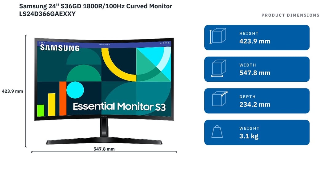 Samsung 24" S36GD 1800R/100Hz Curved Monitor LS24D366GAEXXY — product dimensions