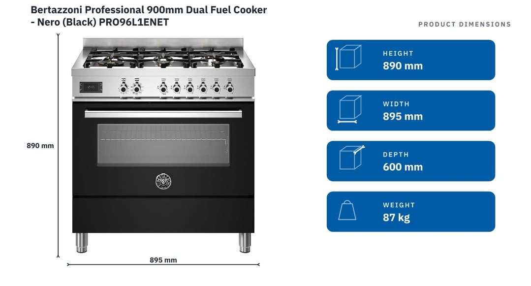 Bertazzoni Professional 900mm Dual Fuel Cooker - Nero (Black) PRO96L1ENET — product dimensions