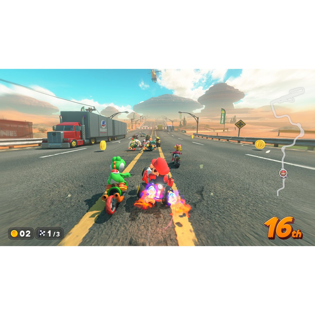 Mario and Yoshi racing on motorcycles in a desert landscape in Mario Kart World