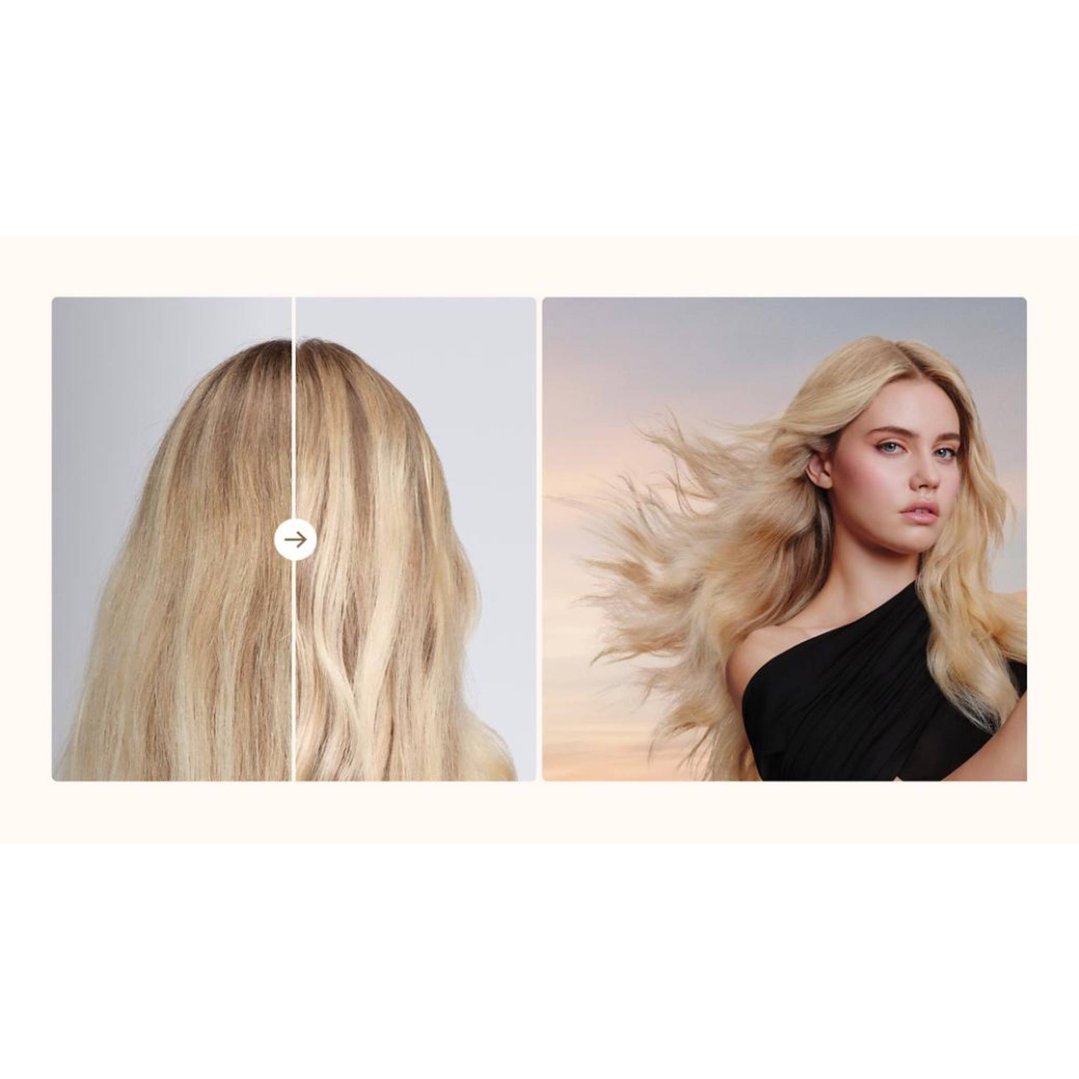 Before and after comparison of hair, with a woman showing styled hair