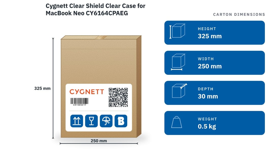 Cygnett Clear Shield Clear Case for MacBook Neo CY6164CPAEG — packaged dimensions