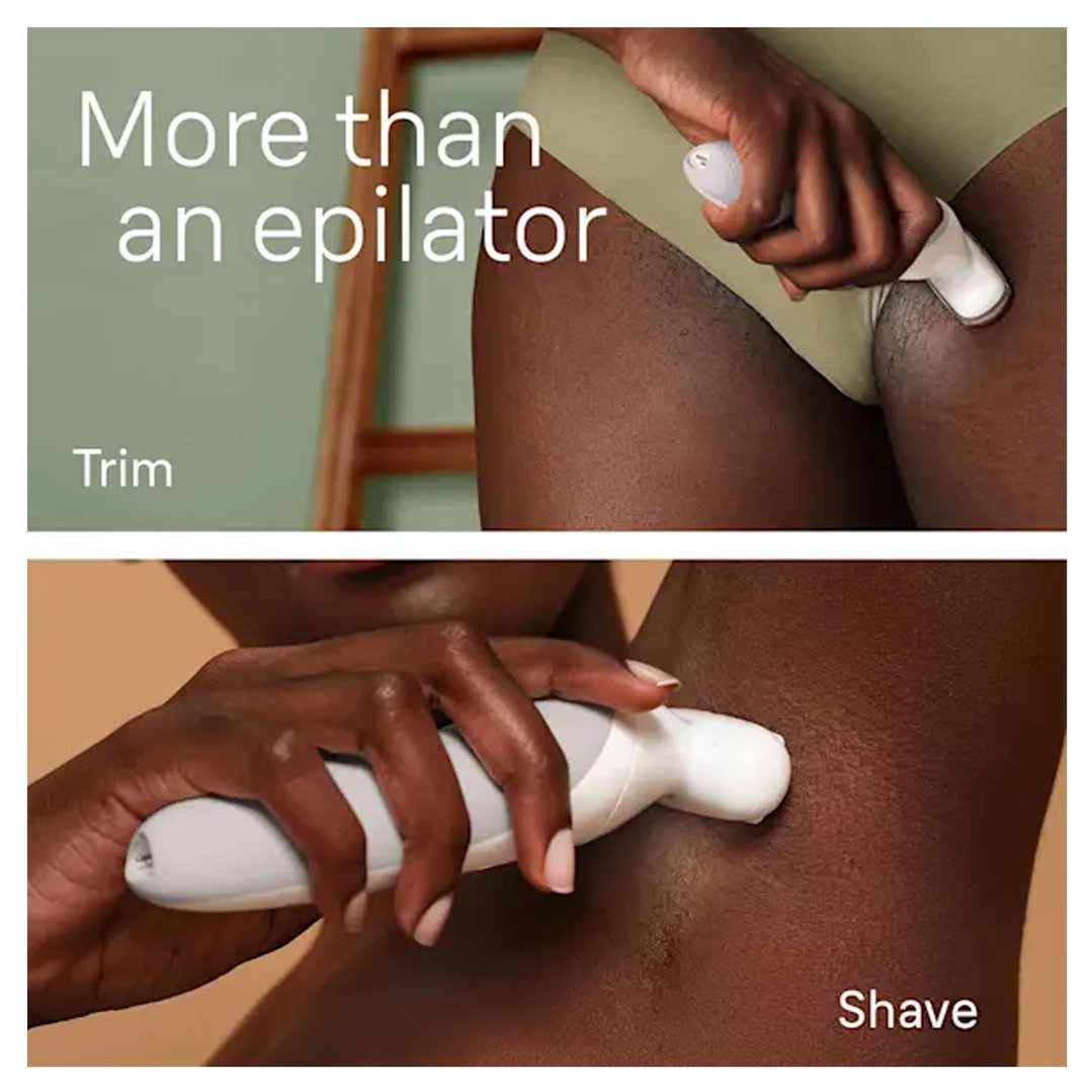 Woman using a Braun epilator to trim and shave body hair