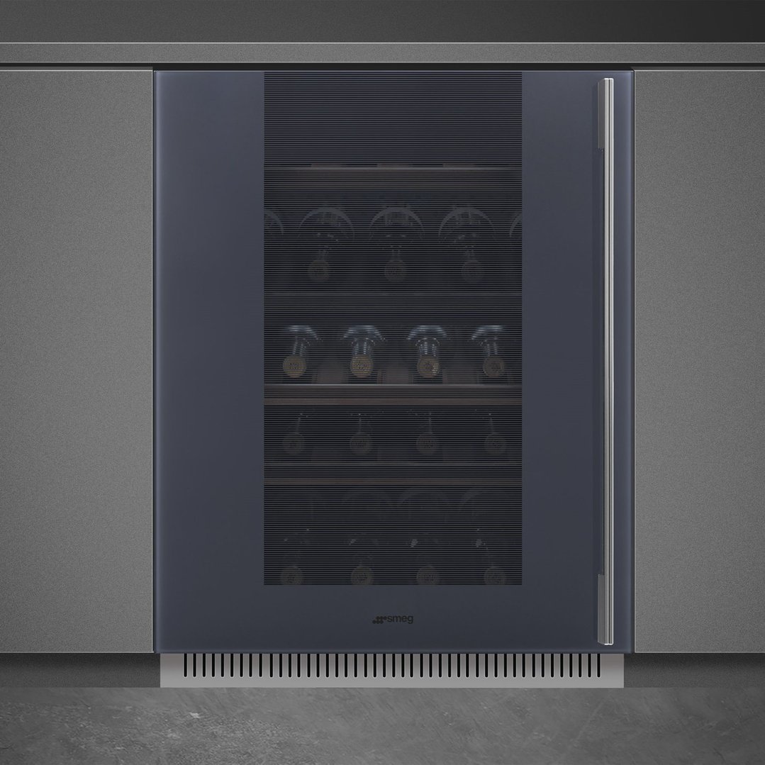 Built-in Linea wine cellar with a dark glass door in a modern kitchen