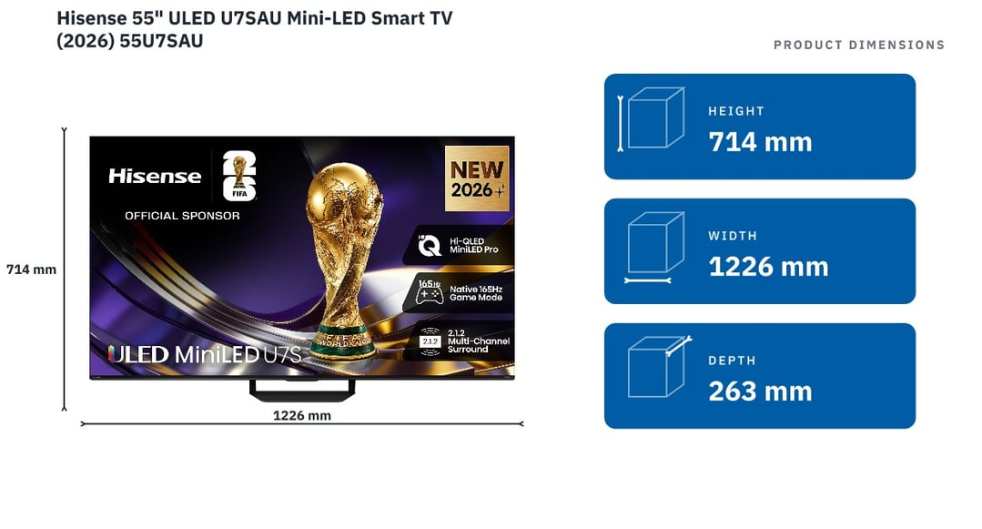 Hisense 55" ULED U7SAU Mini-LED Smart TV (2026) 55U7SAU — product dimensions