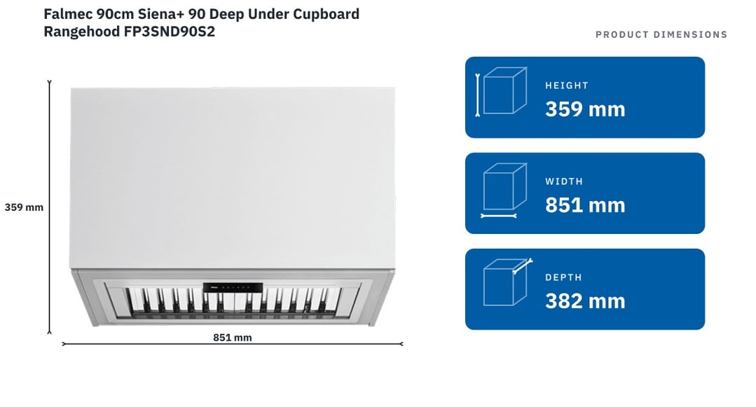 Falmec 90cm Siena+ 90 Deep Under Cupboard Rangehood FP3SND90S2 — product dimensions