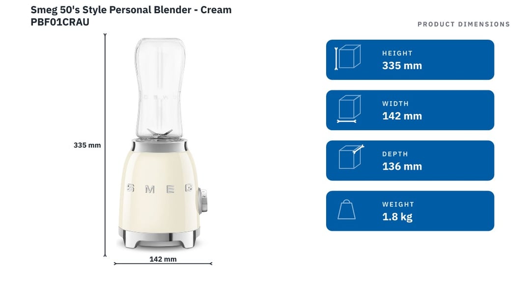 Smeg 50's Style Personal Blender - Cream PBF01CRAU — product dimensions