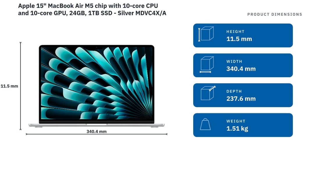 Apple 15" MacBook Air M5 chip with 10‑core CPU and 10‑core GPU, 24GB, 1TB SSD - Silver MDVC4X/A