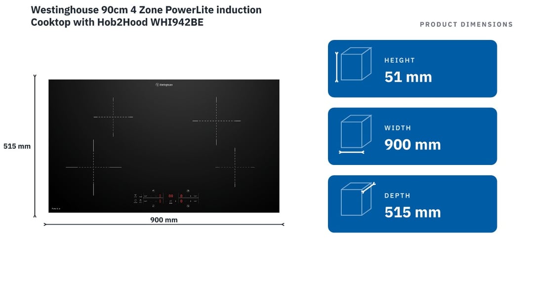 Westinghouse 90cm 4 Zone PowerLite induction Cooktop with Hob2Hood WHI942BE