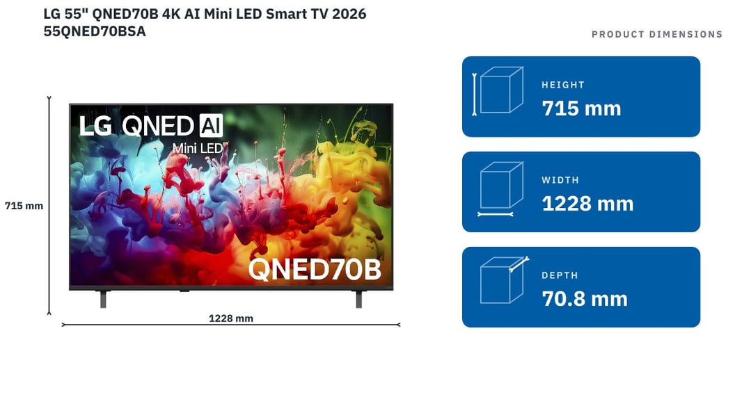 LG 55" QNED70B 4K AI Mini LED Smart TV 2026 55QNED70BSA — product dimensions
