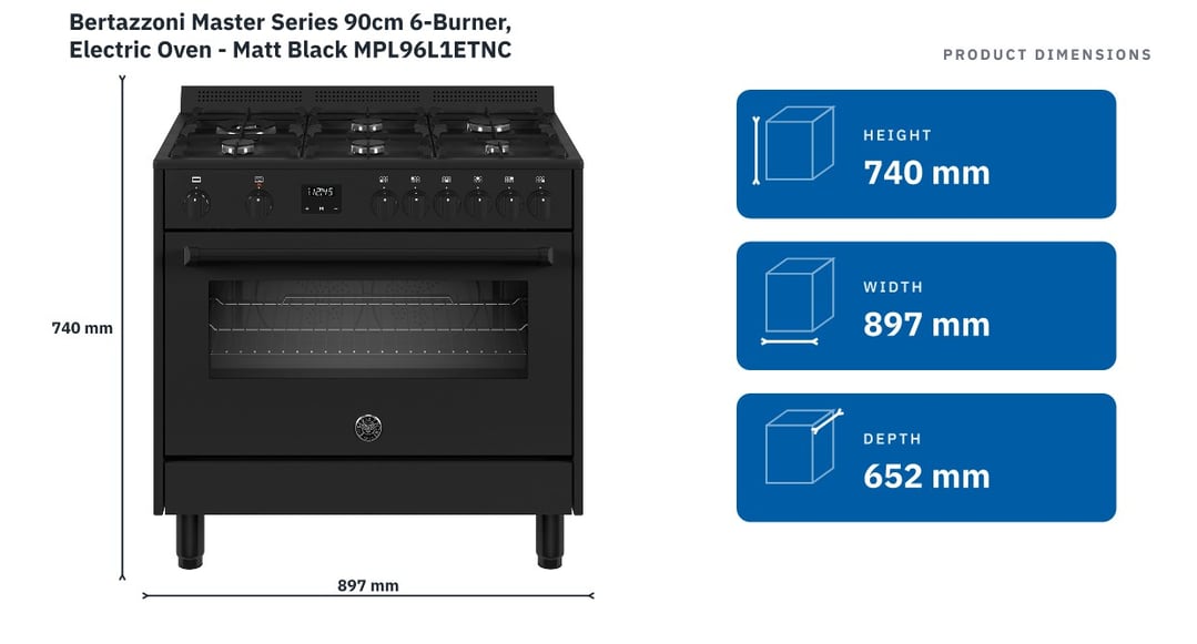 Bertazzoni Master Series 90cm 6-Burner, Electric Oven - Matt Black MPL96L1ETNC