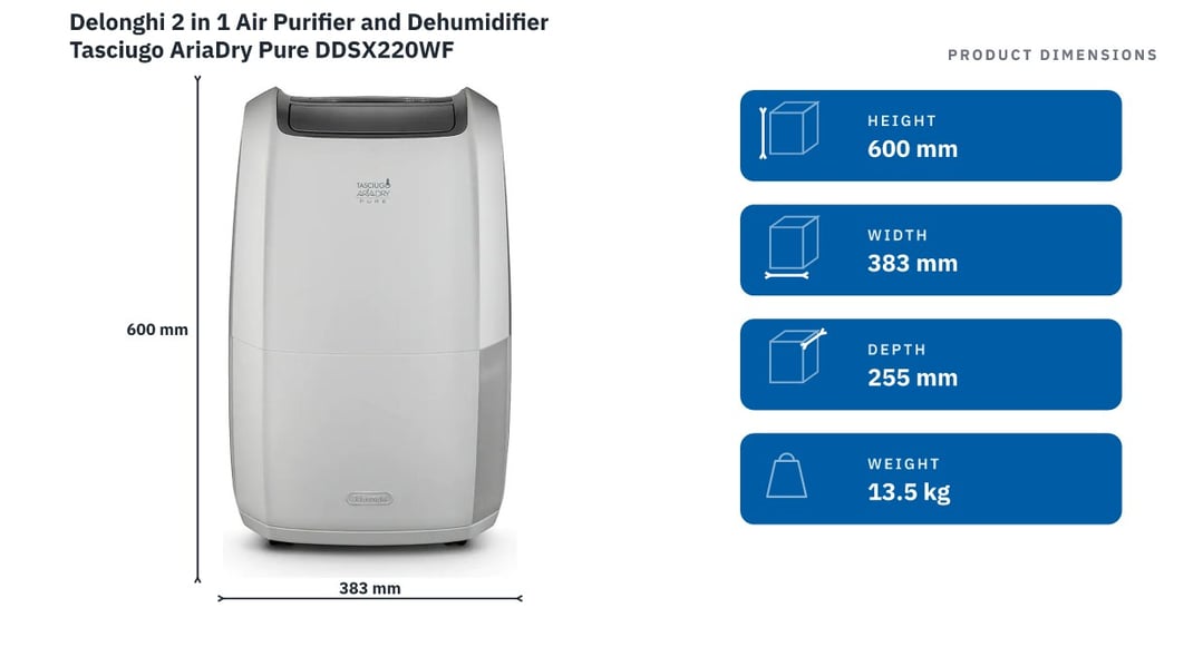 Delonghi 2 in 1 Air Purifier and Dehumidifier Tasciugo AriaDry Pure DDSX220WF — product dimensions