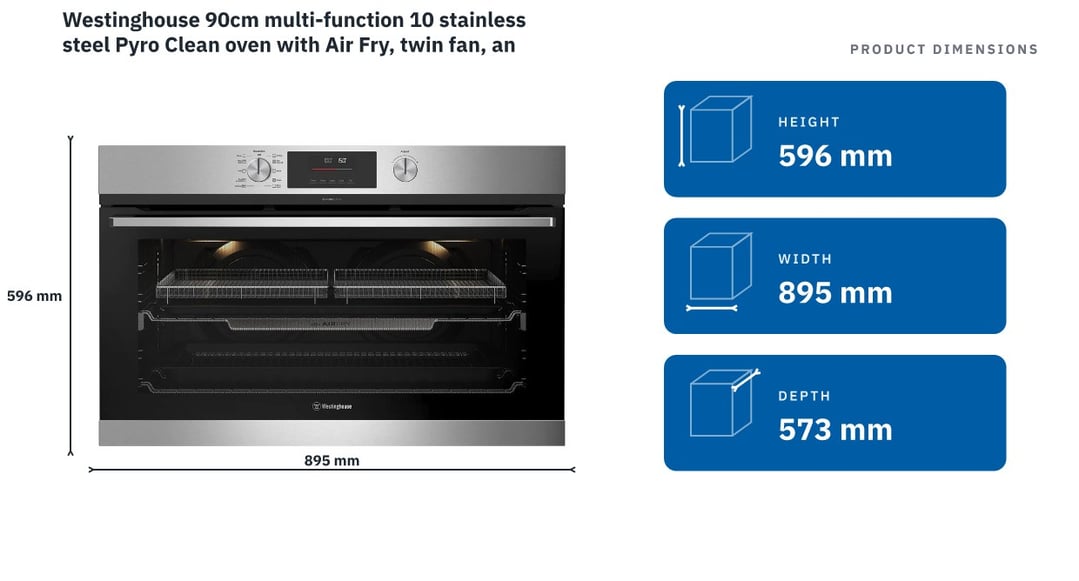 Westinghouse 90cm multi-function 10 stainless steel Pyro Clean oven with Air Fry, twin fan, and 125L WVEP9716SD