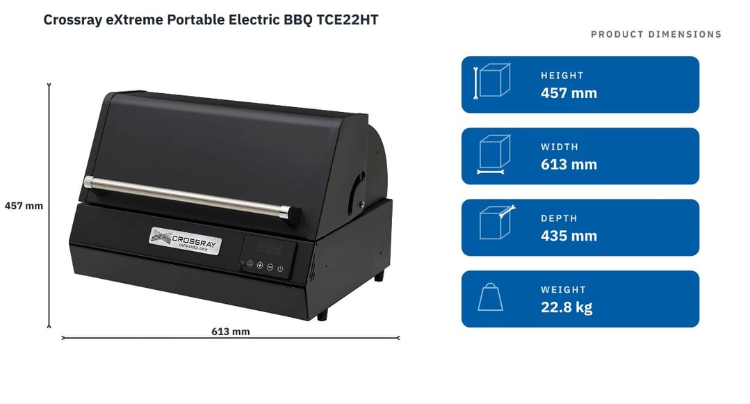 Crossray eXtreme Portable Electric BBQ TCE22HT — product dimensions