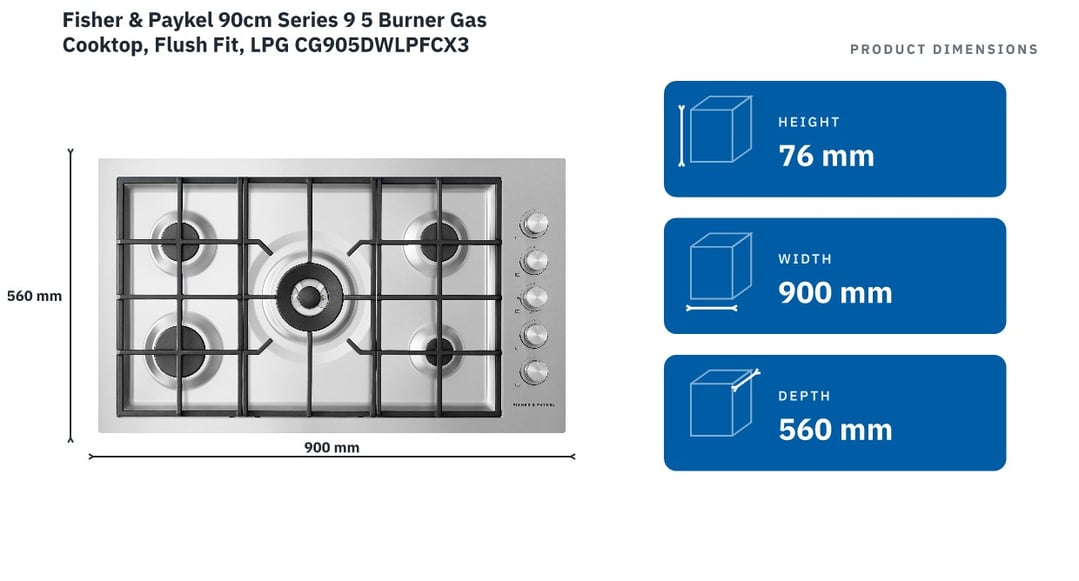 Fisher & Paykel 90cm Series 9 5 Burner Gas Cooktop, Flush Fit, LPG CG905DWLPFCX3 — product dimensions