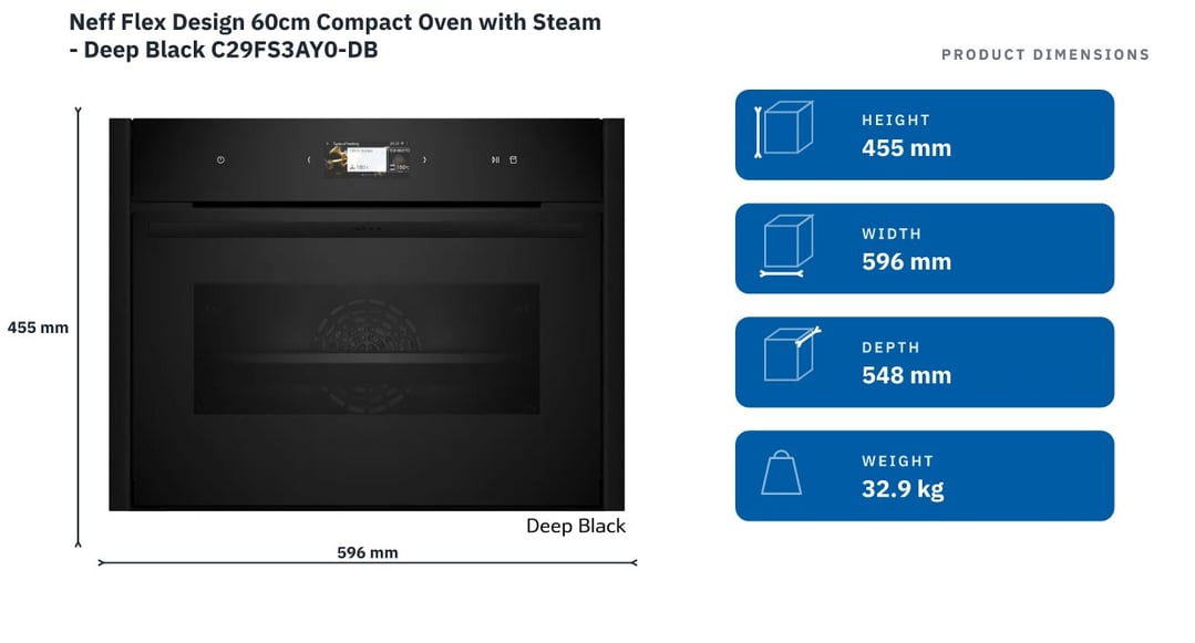 Neff Flex Design 60cm Compact Oven with Steam - Deep Black C29FS3AY0-DB — product dimensions