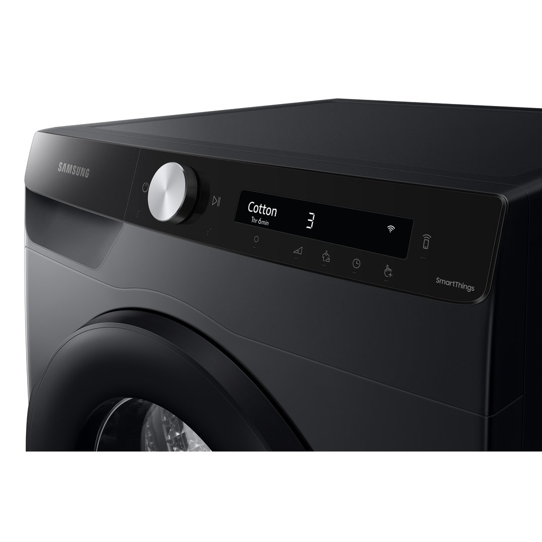 Close-up of the control panel of a black Samsung dryer