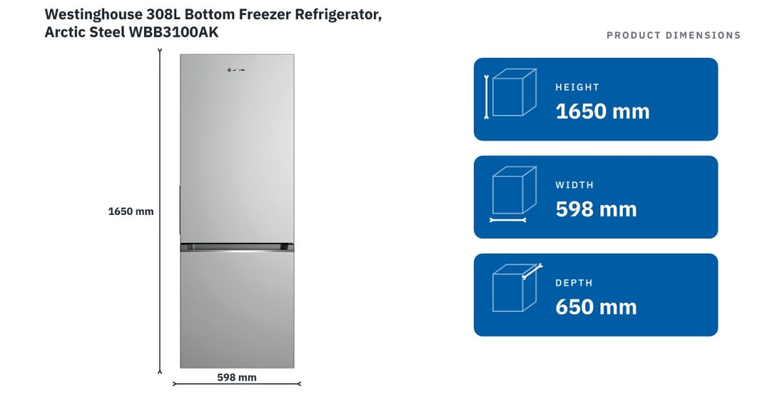 Westinghouse 308L Bottom Freezer Refrigerator, Arctic Steel WBB3100AK