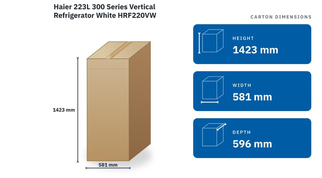 Haier 223L 300 Series Vertical Refrigerator White HRF220VW — packaged dimensions