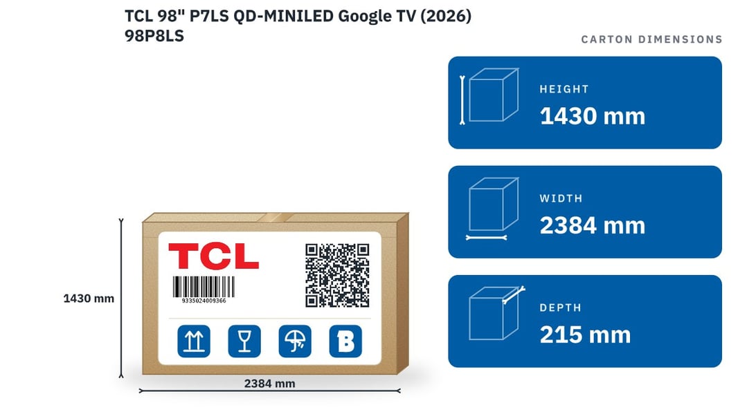 TCL 98" P7LS QD-MINILED Google TV (2026) 98P8LS — packaged dimensions