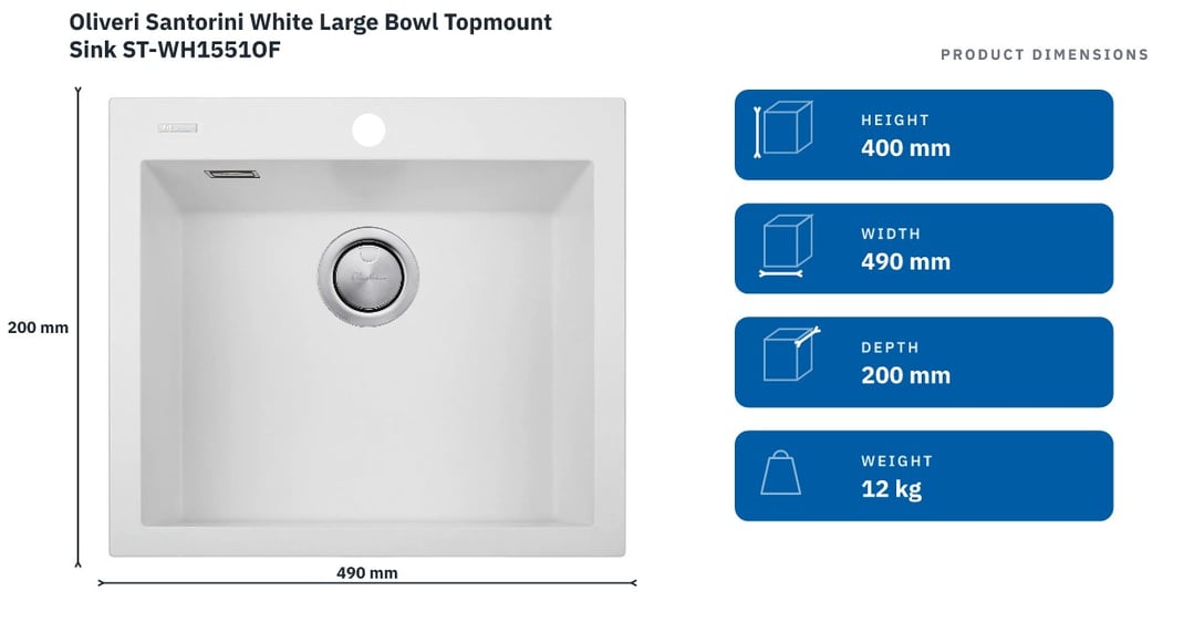 Oliveri Santorini White Large Bowl Topmount Sink ST-WH1551OF — product dimensions