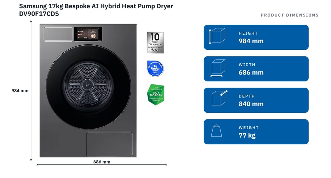 Samsung 17kg Bespoke AI Hybrid Heat Pump Dryer DV90F17CDS — product dimensions