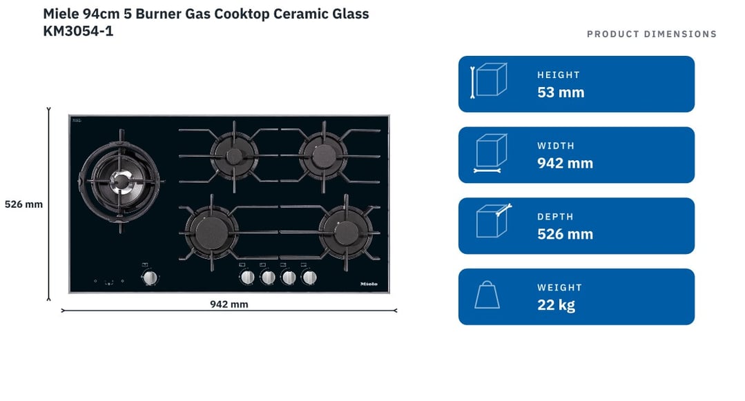 Miele 94cm 5 Burner Gas Cooktop Ceramic Glass KM3054-1 — product dimensions