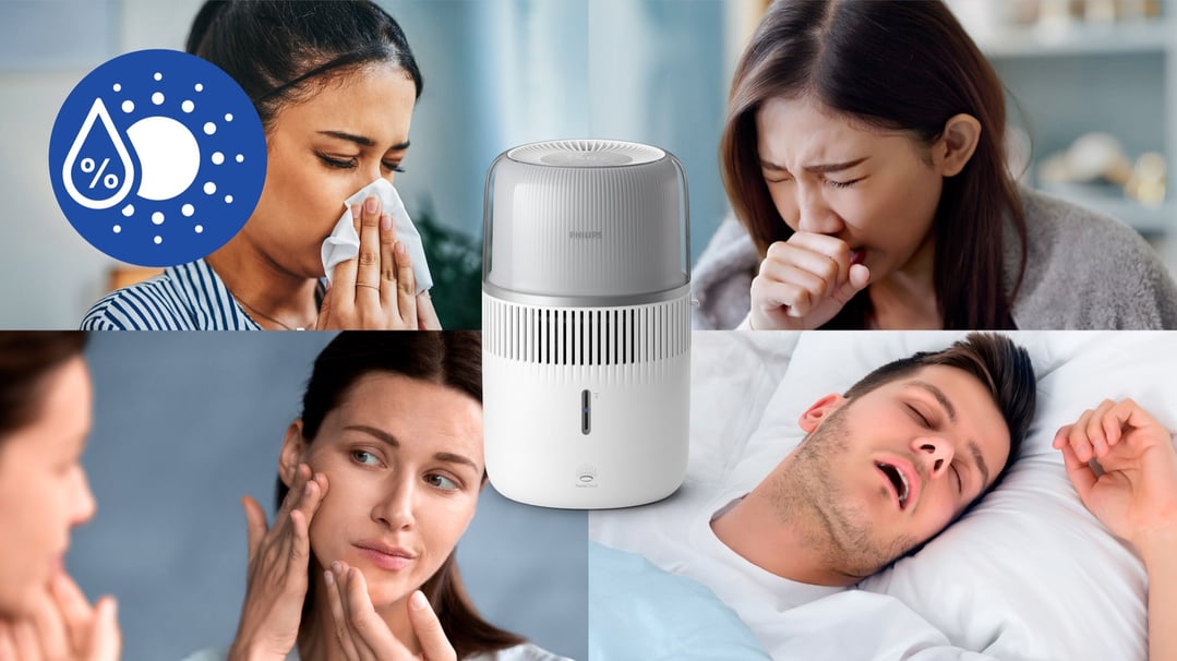 Philips Series 5000 Evaporative Humidifier surrounded by people with various ailments