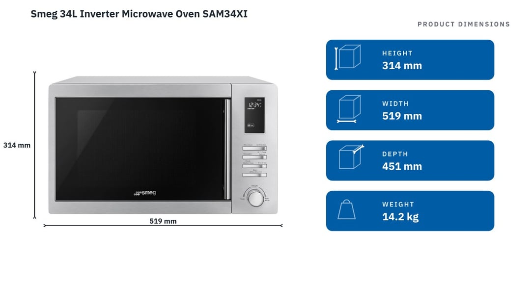 Smeg 34L Inverter Microwave Oven SAM34XI — product dimensions