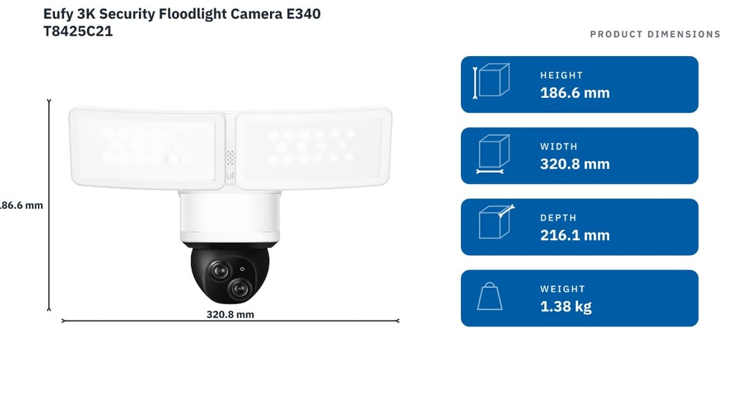 Eufy 3K Security Floodlight Camera E340 T8425C21 — product dimensions