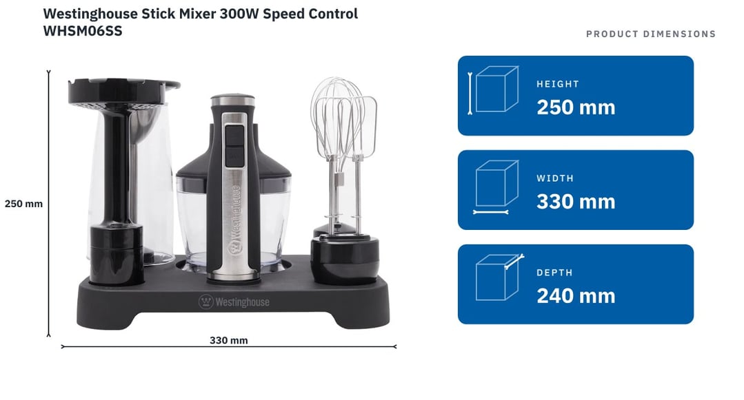 Westinghouse Stick Mixer 300W Speed Control WHSM06SS — product dimensions