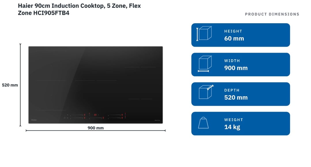 Haier 90cm Induction Cooktop, 5 Zone, Flex Zone HCI905FTB4 — product dimensions