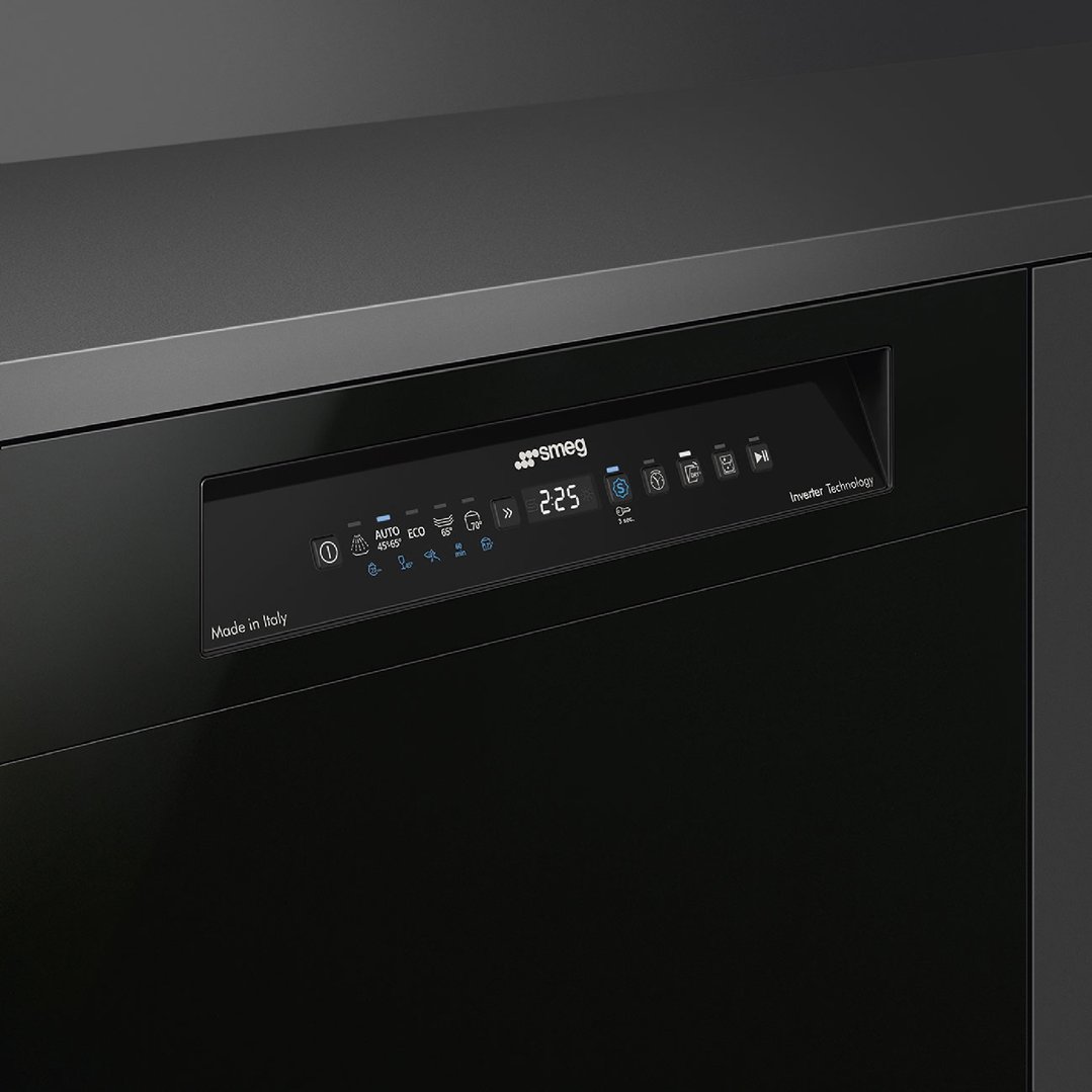 Close-up of a black Smeg dishwasher control panel with digital display
