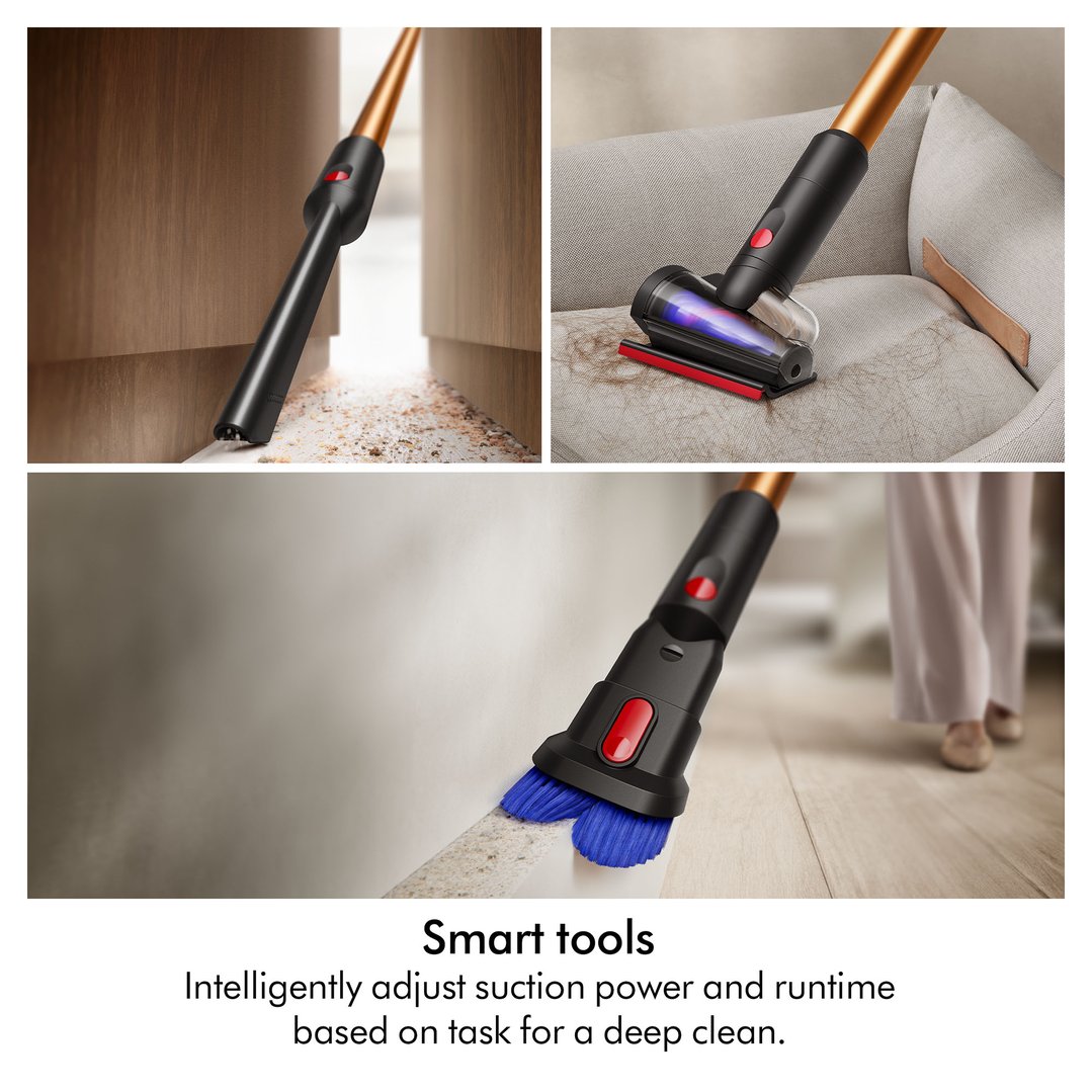 Dyson handstick vacuum cleaning various surfaces in a home setting
