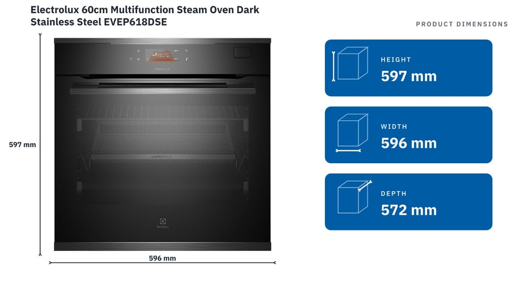 Electrolux 60cm Multifunction Steam Oven Dark Stainless Steel EVEP618DSE — product dimensions