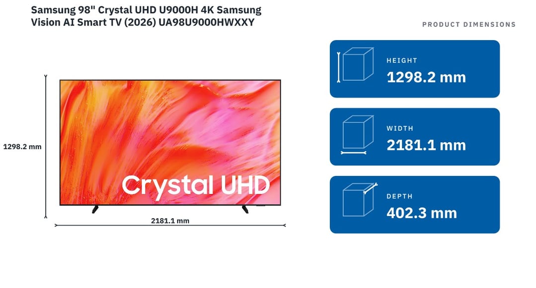 Samsung 98" Crystal UHD U9000H 4K Samsung Vision AI Smart TV (2026) UA98U9000HWXXY — product dimensions