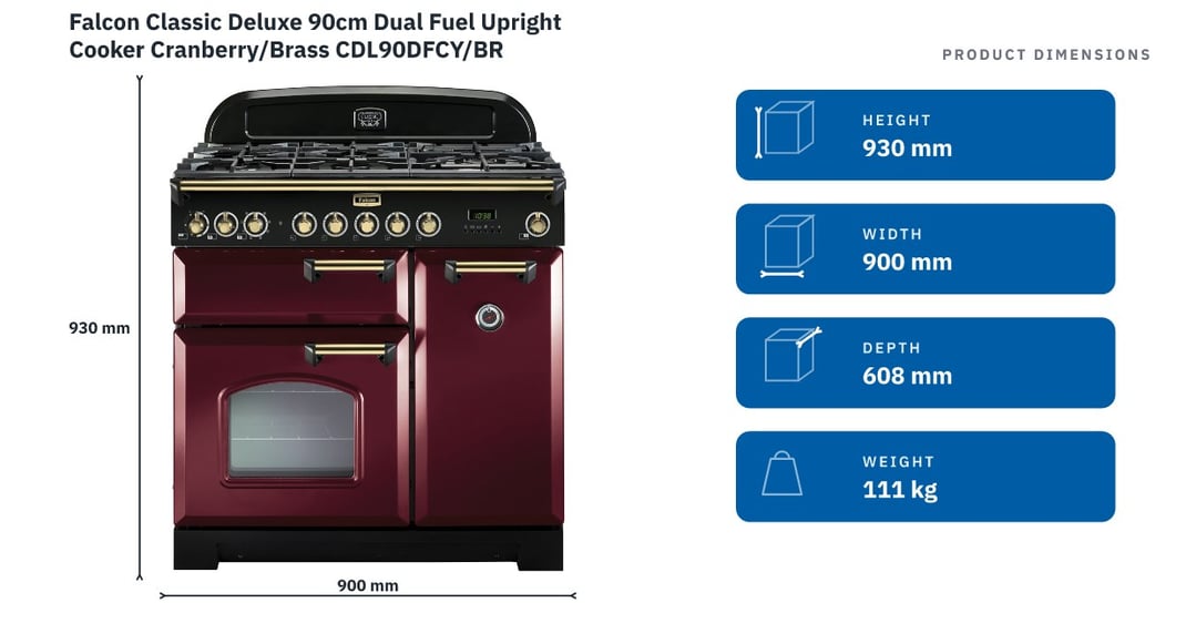 Falcon Classic Deluxe 90cm Dual Fuel Upright Cooker Cranberry/Brass CDL90DFCY/BR — product dimensions