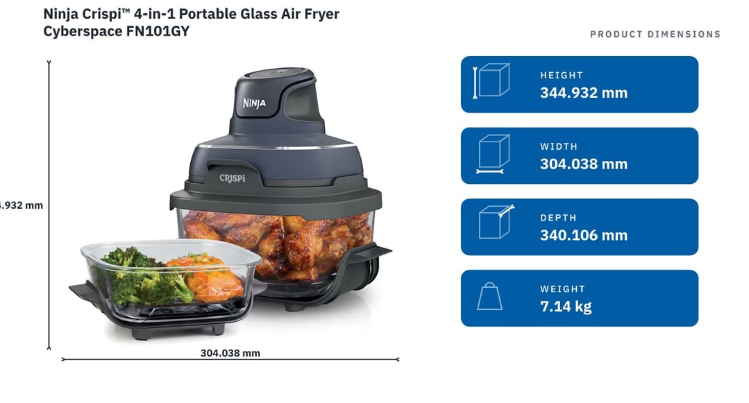 Ninja Crispi™ 4-in-1 Portable Glass Air Fryer Cyberspace FN101GY — product dimensions