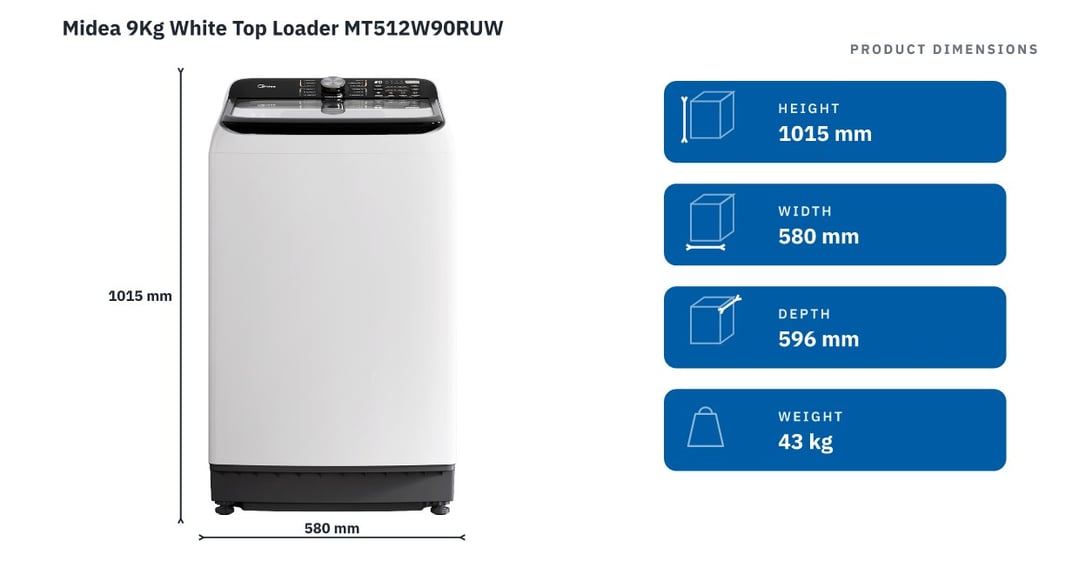 Midea 9Kg White Top Loader MT512W90RUW — product dimensions