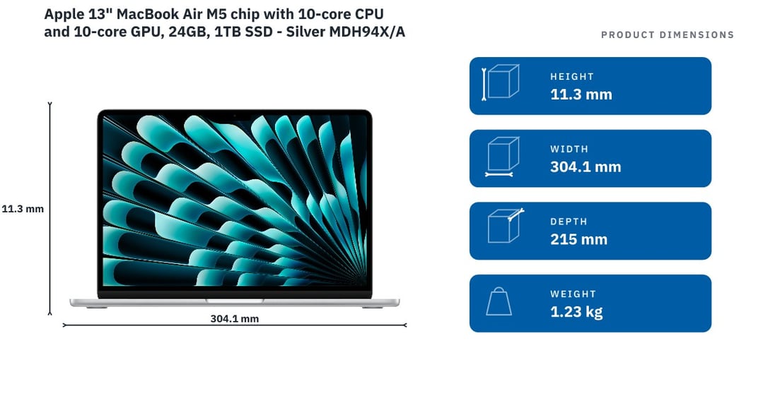 Apple 13" MacBook Air M5 chip with 10‑core CPU and 10‑core GPU, 24GB, 1TB SSD - Silver MDH94X/A