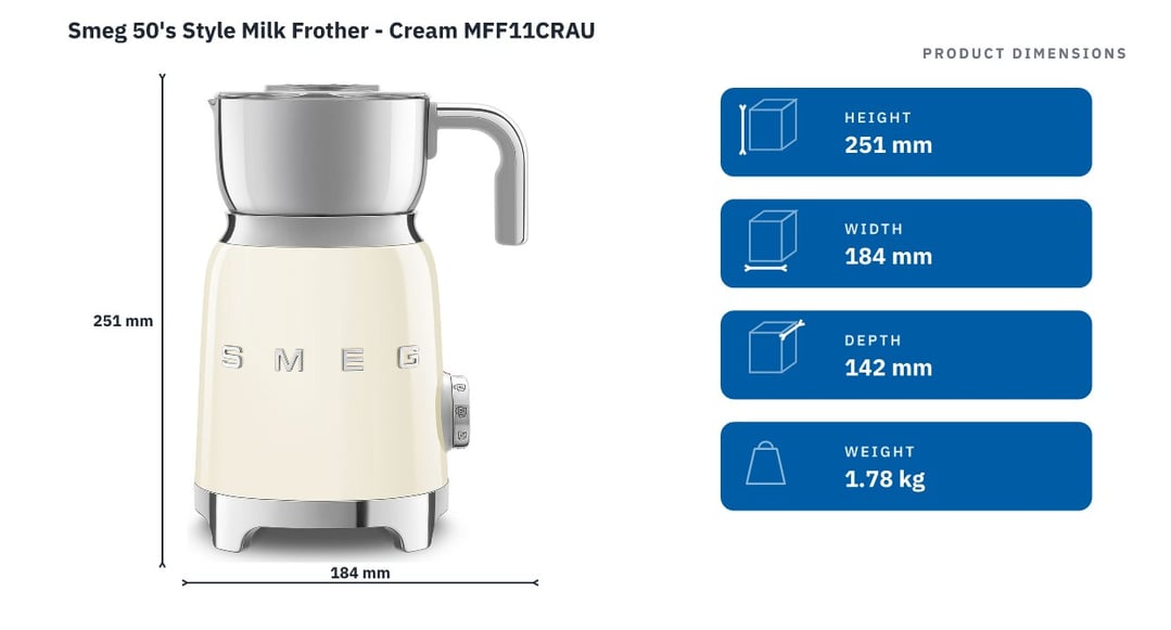 Smeg 50's Style Milk Frother - Cream MFF11CRAU — product dimensions
