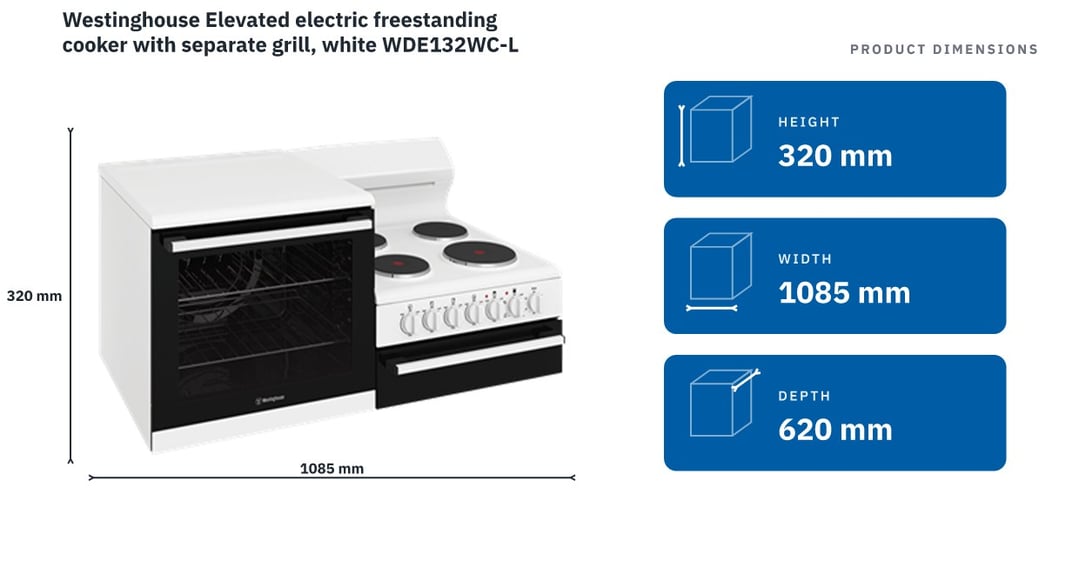 Westinghouse Elevated electric freestanding cooker with separate grill, white WDE132WC-L — product dimensions
