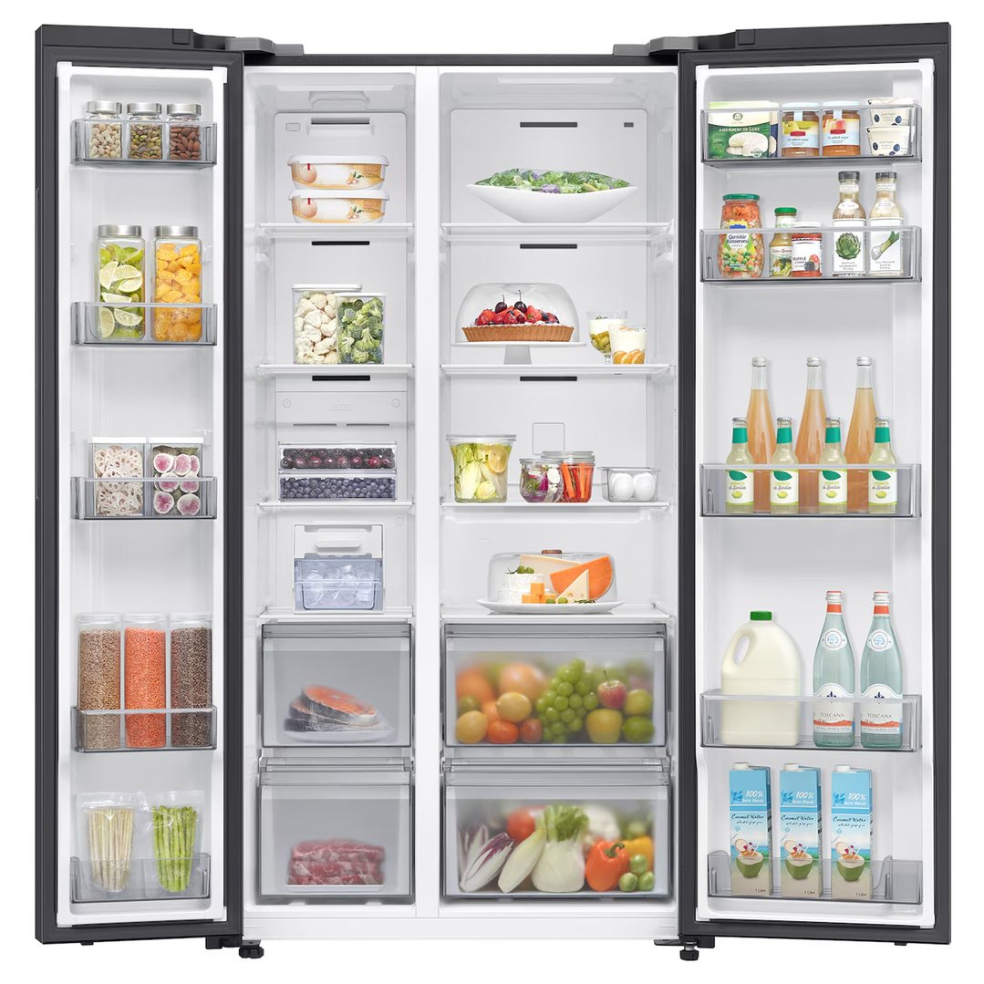 Open black side-by-side refrigerator filled with various food items and drinks