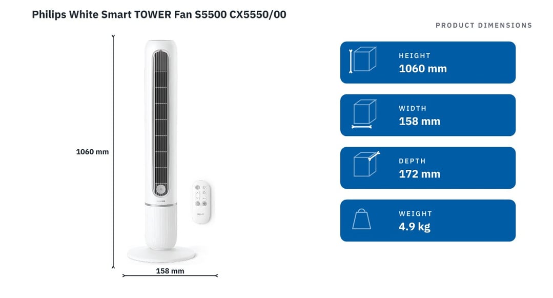 Philips White Smart TOWER Fan S5500 CX5550/00 — product dimensions